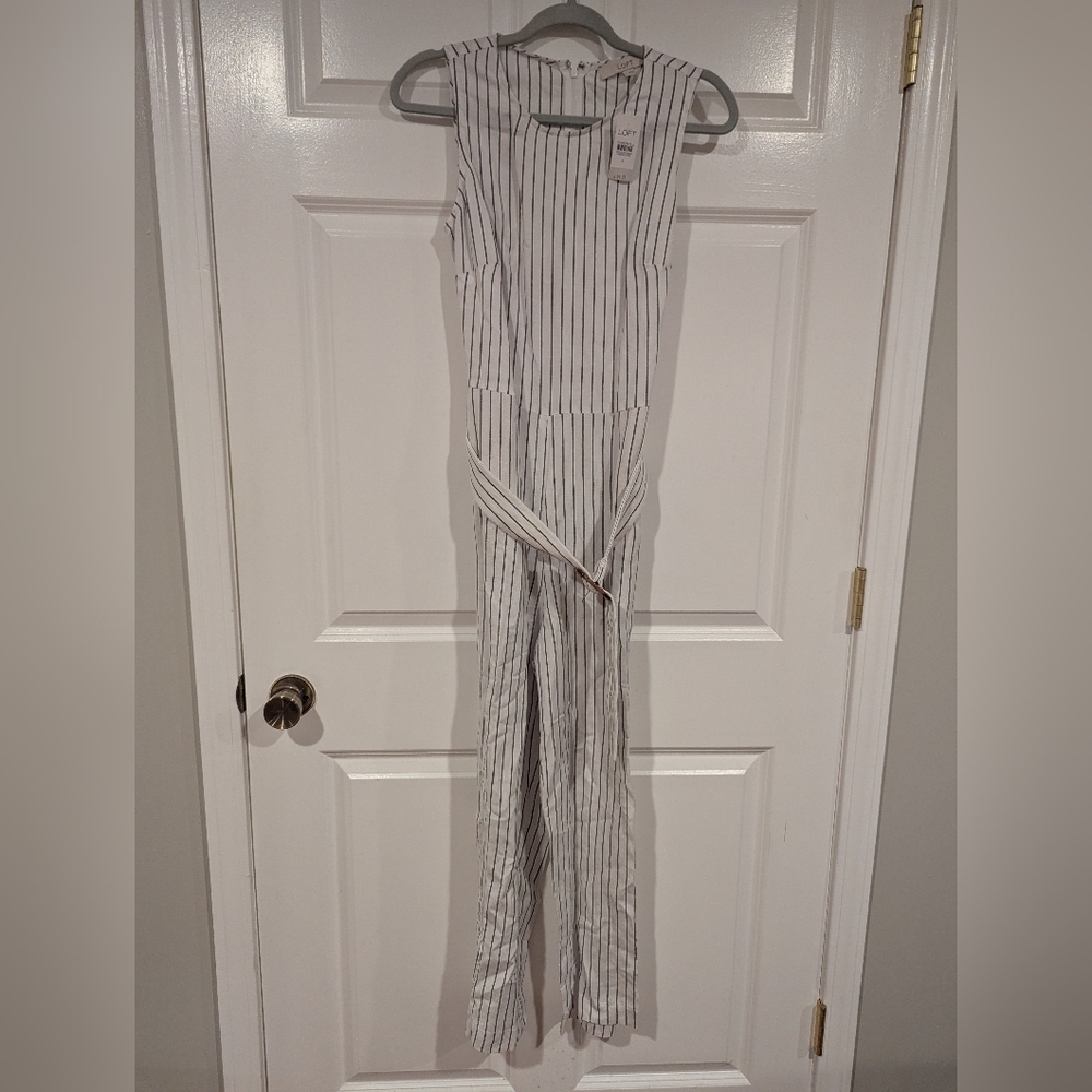LOFT White and Black Striped Jumpsuit Size 4